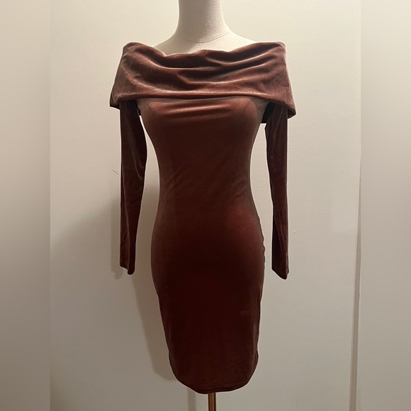 Forever 21 off the shoulder velvet midi dress (champagne pink) sz S - Picture 2 of 11